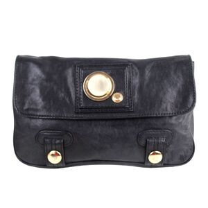 Gustto SOFT BLACK GENUINE LEATHER FLAP LOGO CLUTCH HANDBAG WALLET PURSE